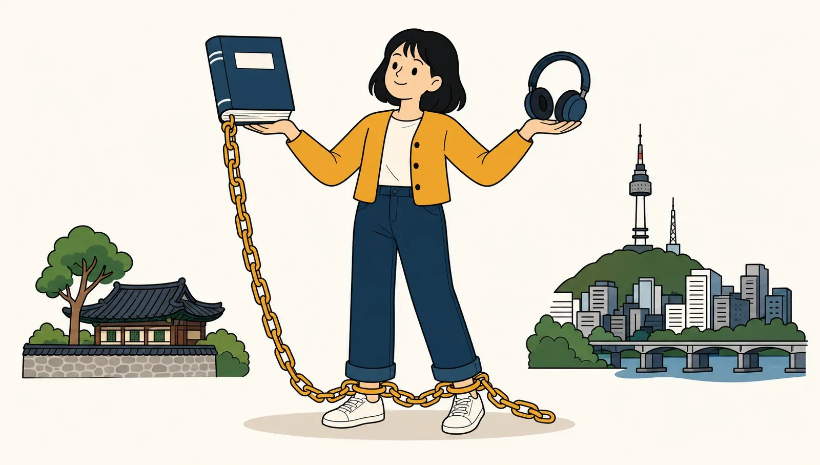 한 손엔 두꺼운 문법책, 다른 손엔 헤드폰을 들고 '균형'을 잡는 학습자. 그런데 문법책에서 풀려나온 사슬이 두 발목을 휘감아 앞으로 못 나가게 묶고 있다